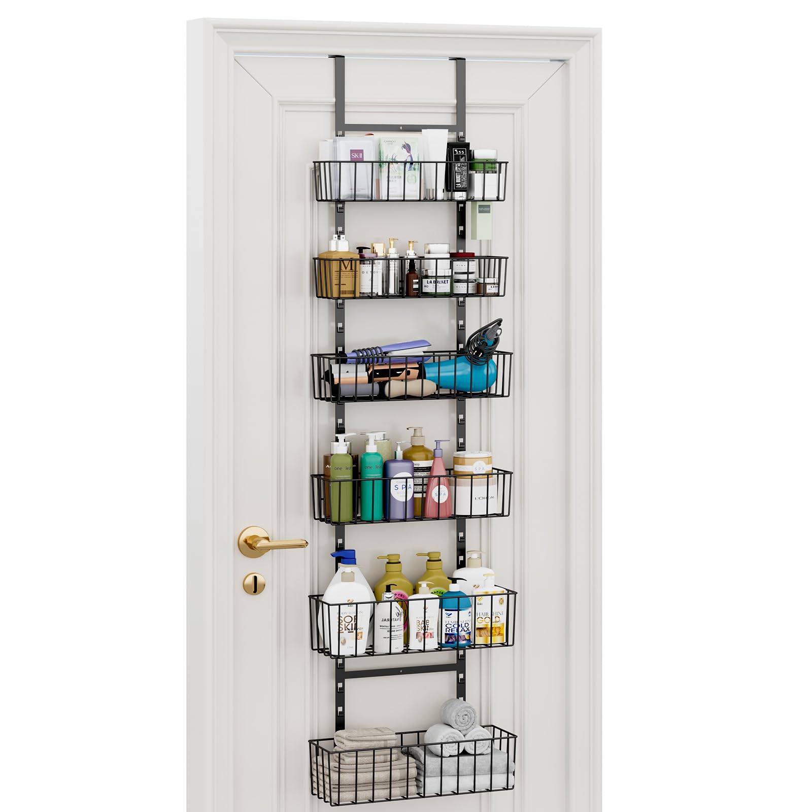 Photo 1 of LUMAMU Over The Door Bathroom Organizer, 6-Tier Adjustable Metal Baskets Hanging Bathroom Organizer, Over The Door Organizer with Detachable Frame, Strong Load-Bearing Hair Tool Organizer