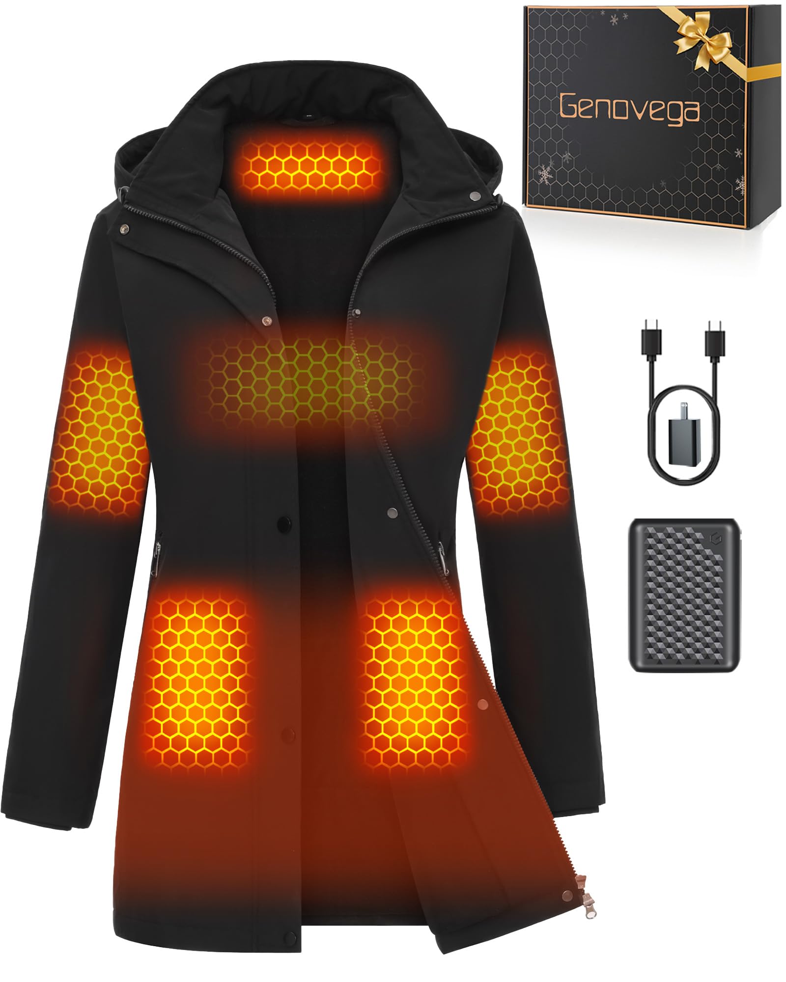 Photo 1 of Women Long Heated Jacket Battery Pack Included Waterproof Lady Warm Winter Hoodie Face Black Rain Trench Casual Coat Chamarras Para Mujer Para El Frio Abrigo De Invierno Chaqueta Regalos Navidad North
