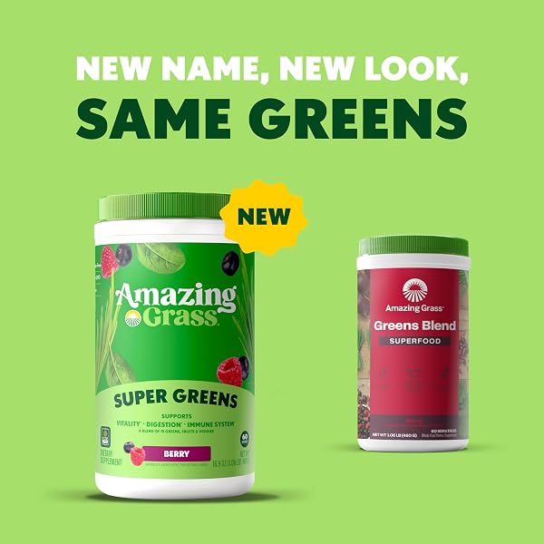 AMAZING GRASS GREENS BLEND SUPERFOOD: SUPER GREENS POWDER SMOOTHIE MIX WITH SPIRULINA, CHLORELLA, BEET ROOT POWDER, DIGESTIVE ENZYMES & PROBIOTICS, BERRY, 60 SERVINGS (PACKAGING MAY VARY)