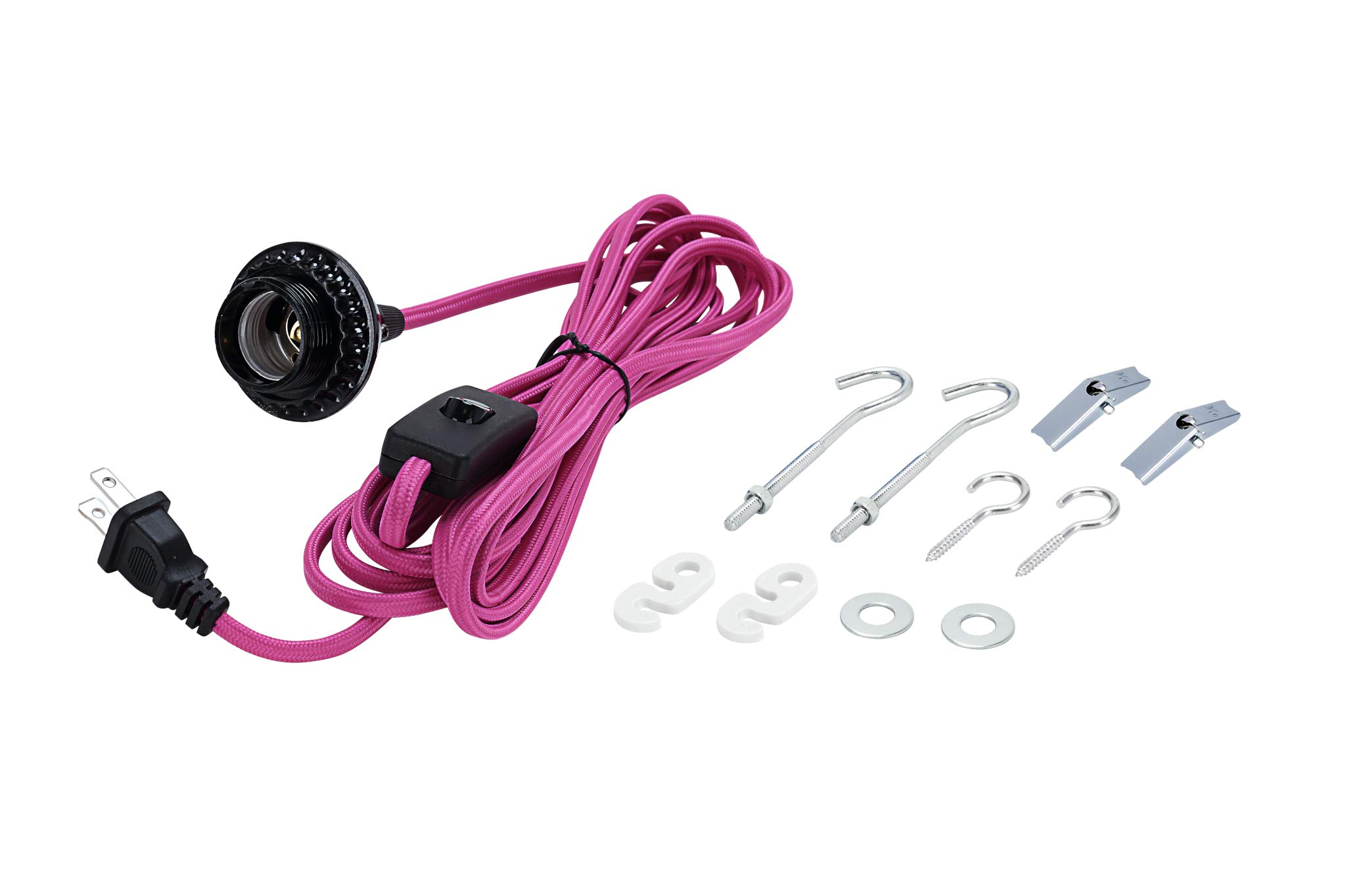 Photo 1 of Aspen Creative 21027-31, One-Light Plug-in Vintage Style Hanging Socket Pendant Fixture with Black Socket and 15 feet of Pink Textile Cord and Rocker Switch