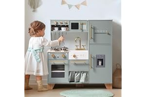 ROBOTIME Play Kitchen for Kids Toddlers, Wooden Pretend Play Kitchen Set Toy with with Fridge, Ice Maker, Coffee Maker, Toys 