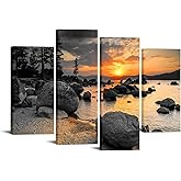 iKNOW FOTO Large 4-Piece Lake Tahoe Wall Art - Black, White, and Yellow California Mountains Canvas Prints - 48"x33" Scenic Landscape Photography for Living Room, Bedroom, Office - Rustic Modern Decor