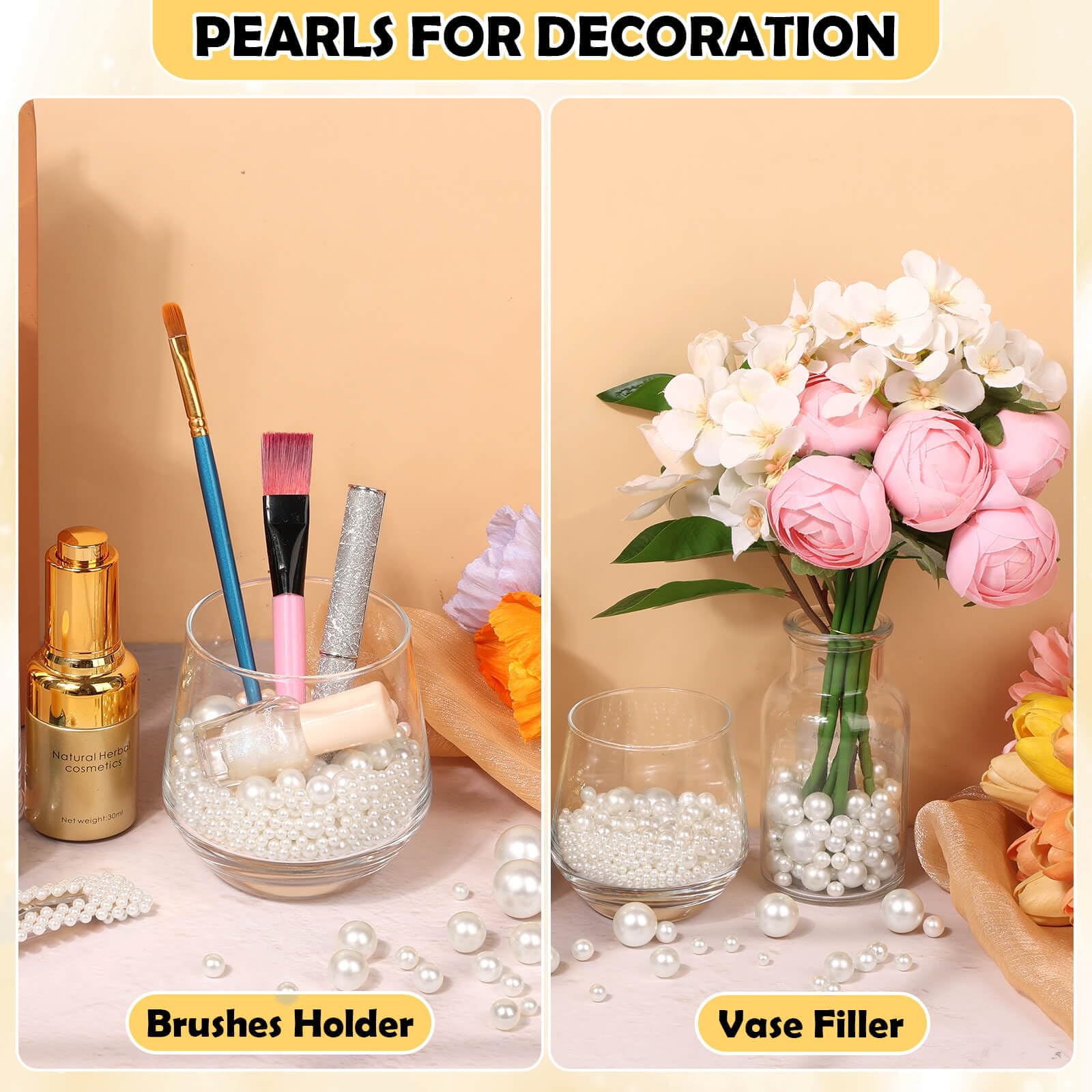 1470PCS Pearls for Crafting, Assorted Sizes Ivory No Hole Pearl Beads,Fake Pearls, Bulk for Floating Candles, Decoration, Vase Filler and Centerpieces