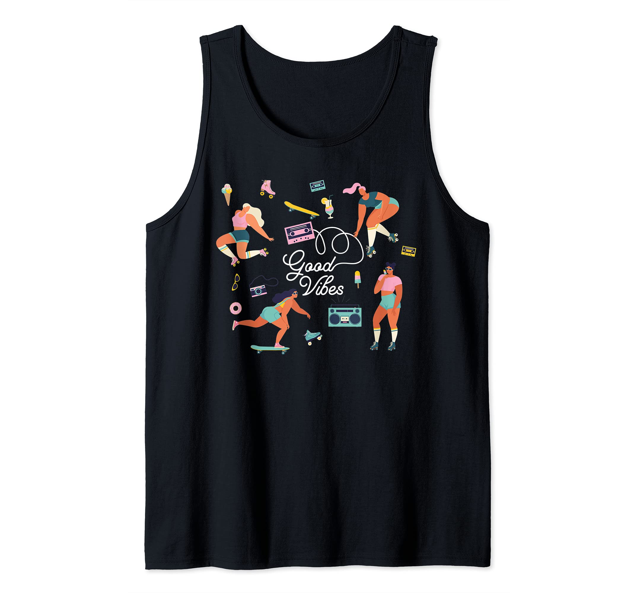 Positive Vibes Roller Skate Summer Girl with Music Icons Tank Top