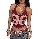 SOLY HUX Women's Jersey Halter Tops Y2k Number Graphic Mesh Cowl Neck Draped Front Tie Backless Sleeveless Crop Tank Top