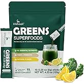 Superfood Blend Drink Mix with 40+ Greens & Vegetables - Plant-Based, Natural Unflavored Powder in Easy Mix Packets for Daily Wellness (15 Packets)