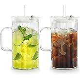 Puraville 2 Pack 25oz Glass Cups with Lids and Straws, High Borosilicate Ribbed Drinking Glasses Tumbler with Handle for Iced Coffee, Glassware Mason Jar Smoothie Cup for Long Drinks