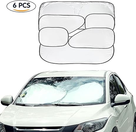 Amazon Gostar 折りたたみ式 車全体 サンシェードセット Uvプロテクター フロント サイド リアウィンドウ フロントガラス バイザーシールドカバー リフレクターが車を涼しく保ちます 12個の吸盤とキャリーバッグ1 枚 6ピースセット 付き サンシェード 車 バイク