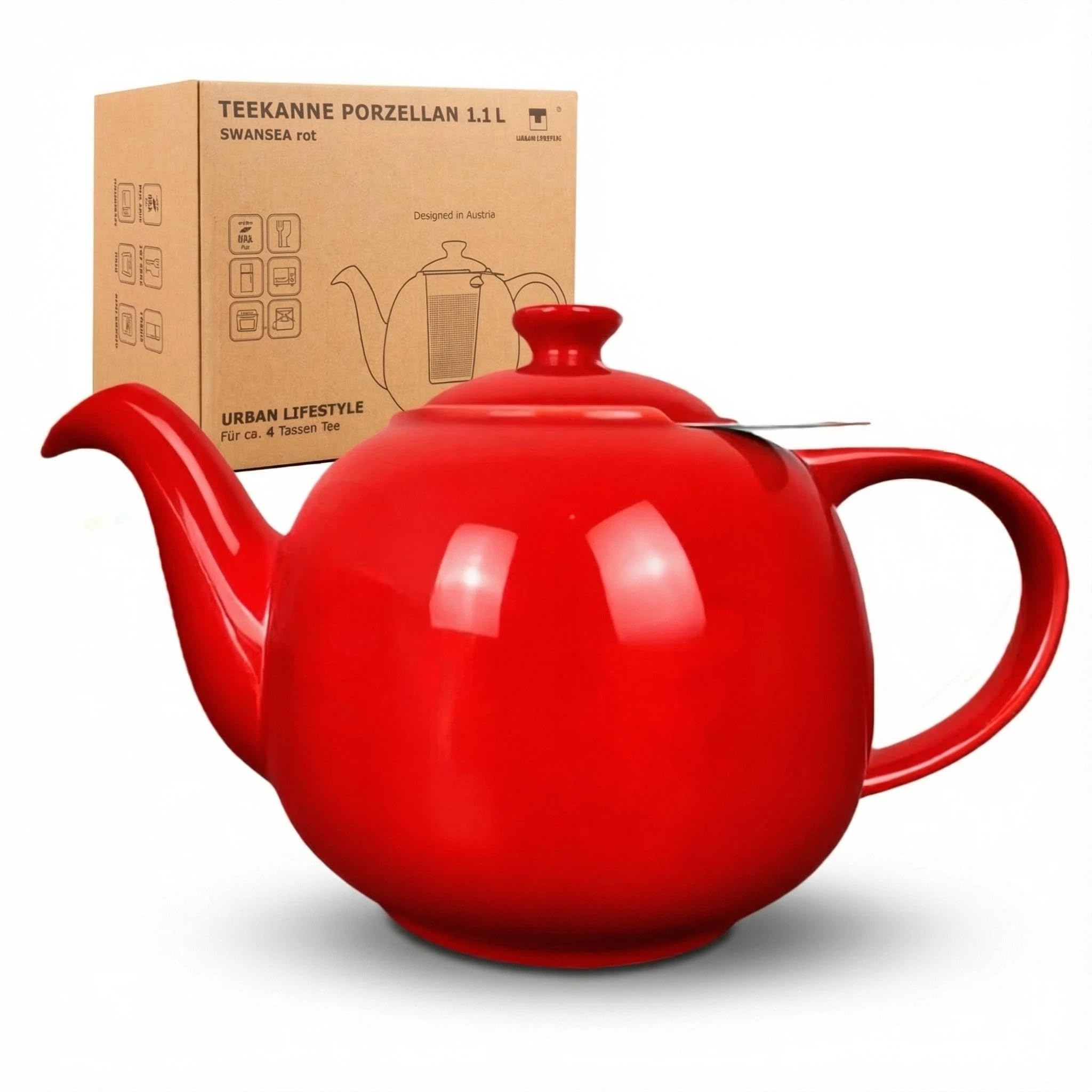 URBAN LIFESTYLE Porcelain Teapot 1.1 L with Infuser Tea Pot for Loose Tea Leaves Ceramic Teapot Red Anti-Drip Design (Swansea)