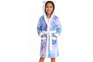 Funnycokid Girls Robes Kids Hooded Bathrobe Soft Fleece Pajamas Plush Flannel Sleepwear 4-14 Years