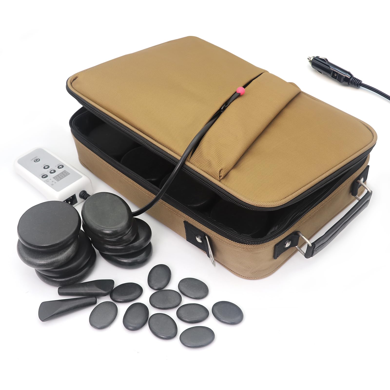 Photo 1 of Goodtar Portable 20 PCS Massage Stones Warmer Set, Temp Control Hot Stone Heater, Heating Massager Travel Bag w/Car Adapter for Professional/Home Spa (Brown)