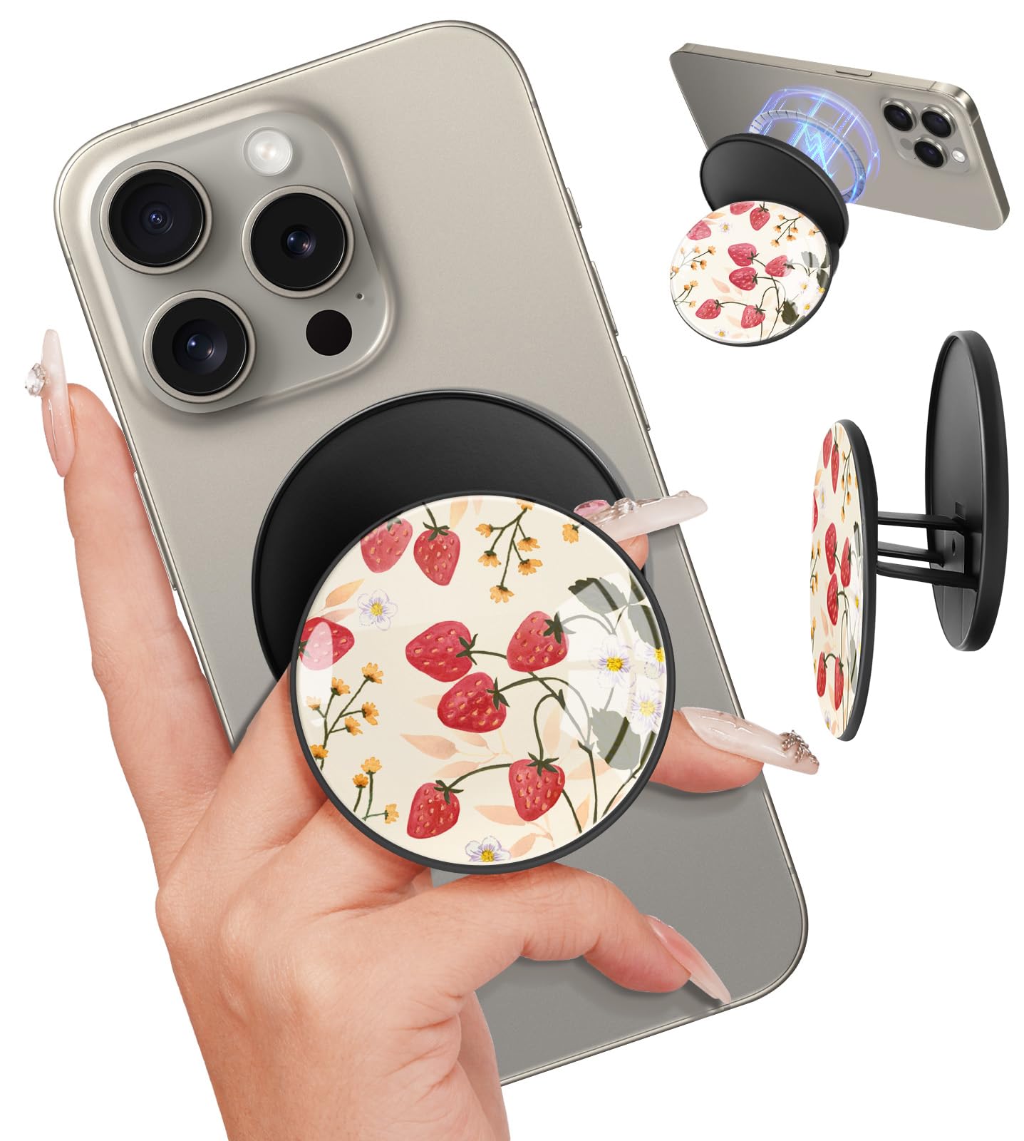Kidcube Magnetic Phone Grip Compatible with Magsafe - Cell Phone Grip Stand Magnetic Ring Holder Finger Kickstand for iPhone 17 16 15 14 13 12 Series Magnet Removable Accessories Cute Strawberry
