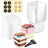 100Pack 12 oz Square Plastic Dessert Cups with Lids and Individually Wrapped Spoons, Clear Disposable Plastic Yogurt Parfait 