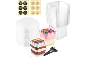 100Pack 12 oz Square Plastic Dessert Cups with Lids and Individually Wrapped Spoons, Clear Disposable Plastic Yogurt Parfait 