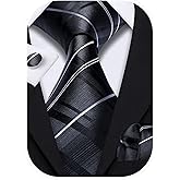 Barry.Wang Tie Sets for Men Silk Stripe Necktie Woven Checkered Handkerchief Cufflinks Formal Business Wedding