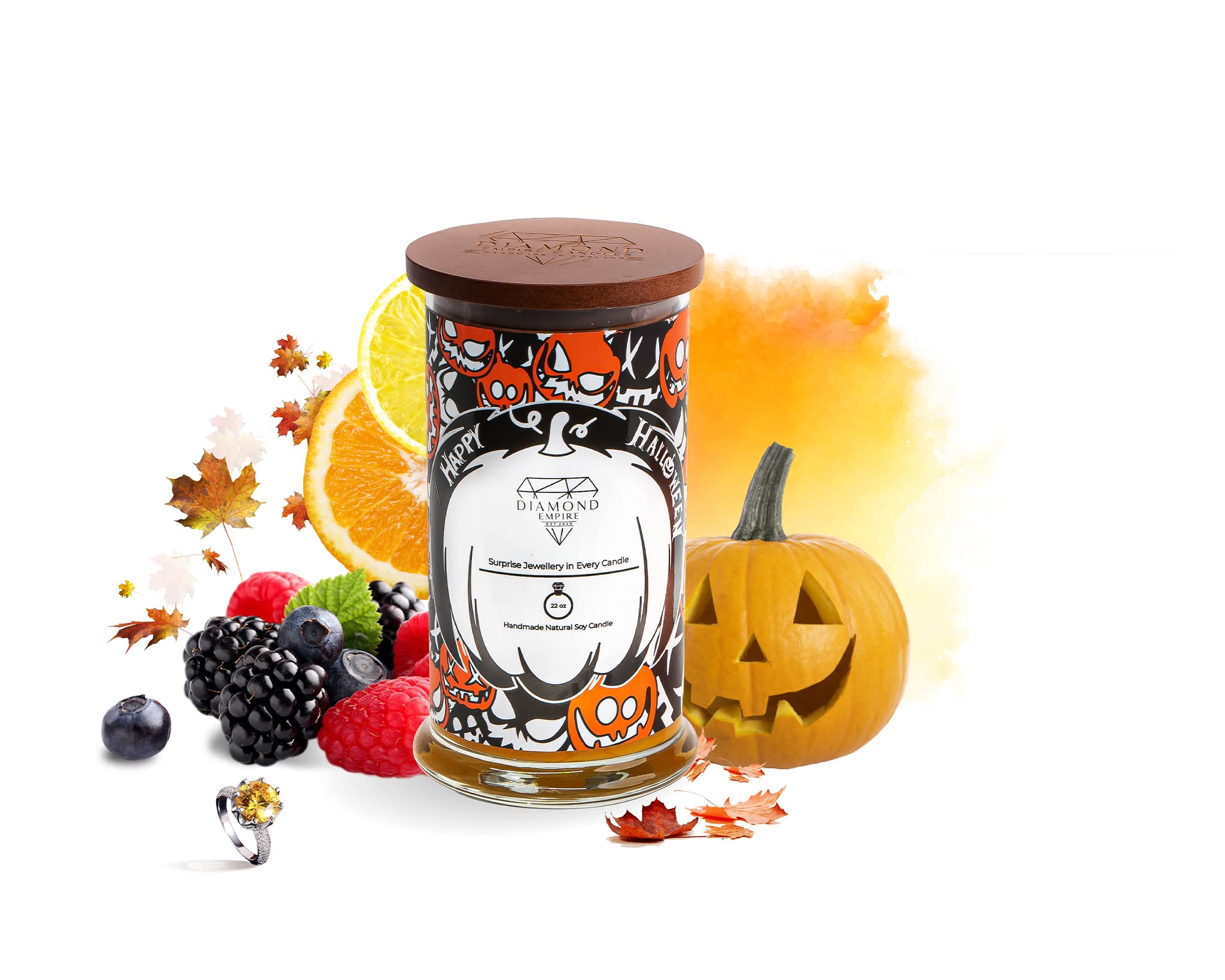 Diamond Empire Happy Halloween with Surprise Jewellery Inside (Surprise Jewelry Valued up to £2,500) 2 Wick Halloween Candle (Burn time up to 120H) (Ring N/O)