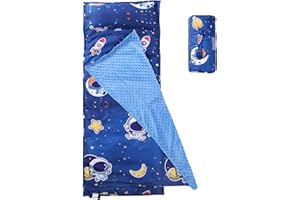 NapCure Toddler Nap Mat with Removable Pillow and Minky Blanket,Soft Rolled Napping Mats for Boys and Girls,Lightweight Daycare,Preschool,Travel Toddler Sleeping Slumber Bags -50"×20”(Space)