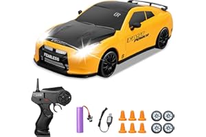 YUAN PLAN RC Drift Car 1/24 2.4GHz 4WD Remote Control Car, High Speed Drifting RC Cars with LED Lights, Rechargeable Batteries and Drift Tires Racing Toy Cars for Kids (Yellow)