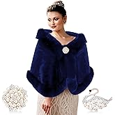Jadive Faux Fur Shawl Wraps for Women with 2 Rhinestone Brooches Wedding Bridal Faux Fur Cape Stoles Coat Jacket