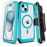 Defender for Clear iPhone 15 Case with Belt Clip Holster + 2 Screen Protectors, Compatible with MagSafe, Anti-Yellowing, Full-Body Phone Cover for iPhone 15 Case (Clear & Navy Blue)