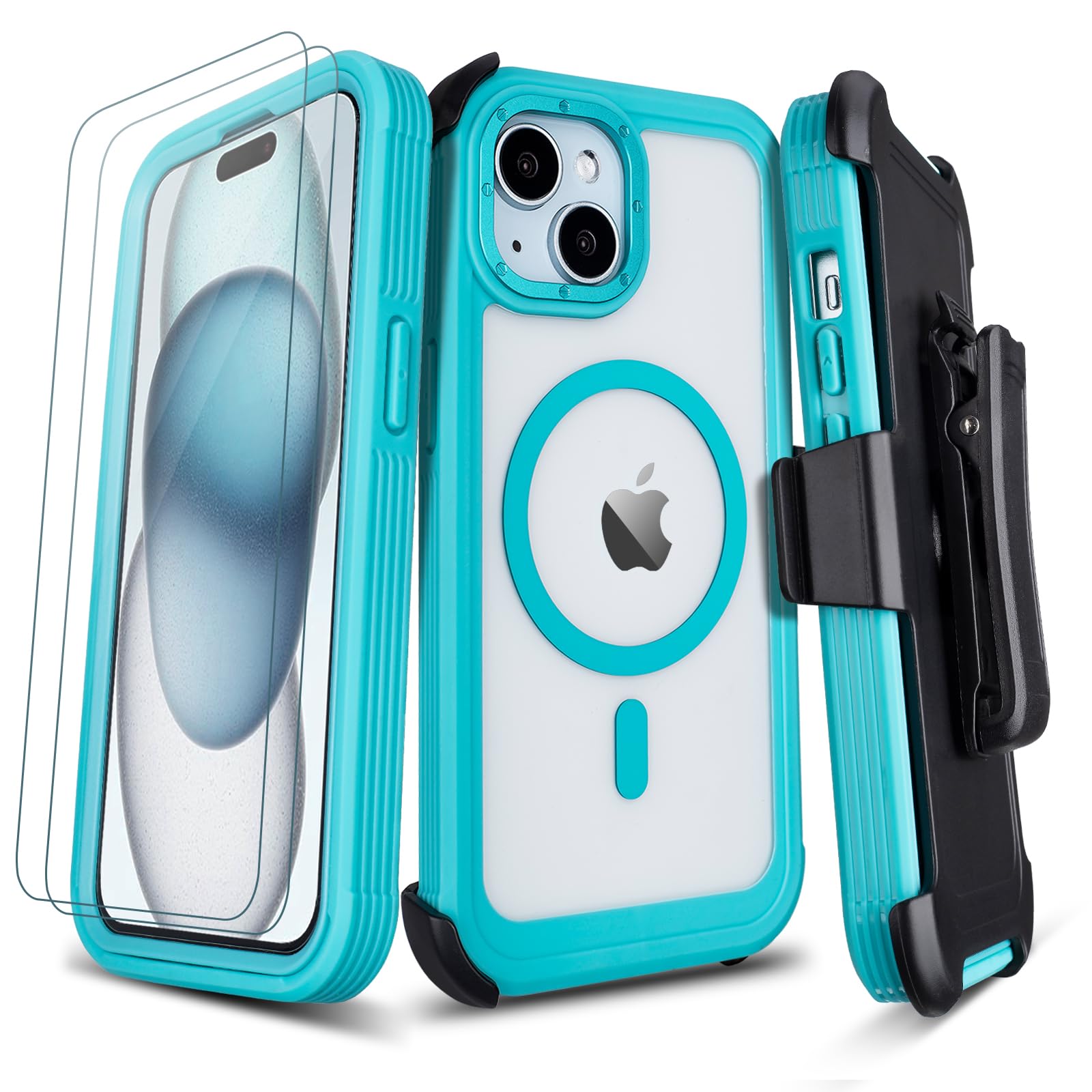 Defender for Clear iPhone 15 Case with Belt Clip Holster + 2 Screen Protectors, Compatible with MagSafe, Anti-Yellowing, Full-Body Phone Cover for iPhone 15 Case (Clear & Navy Blue)