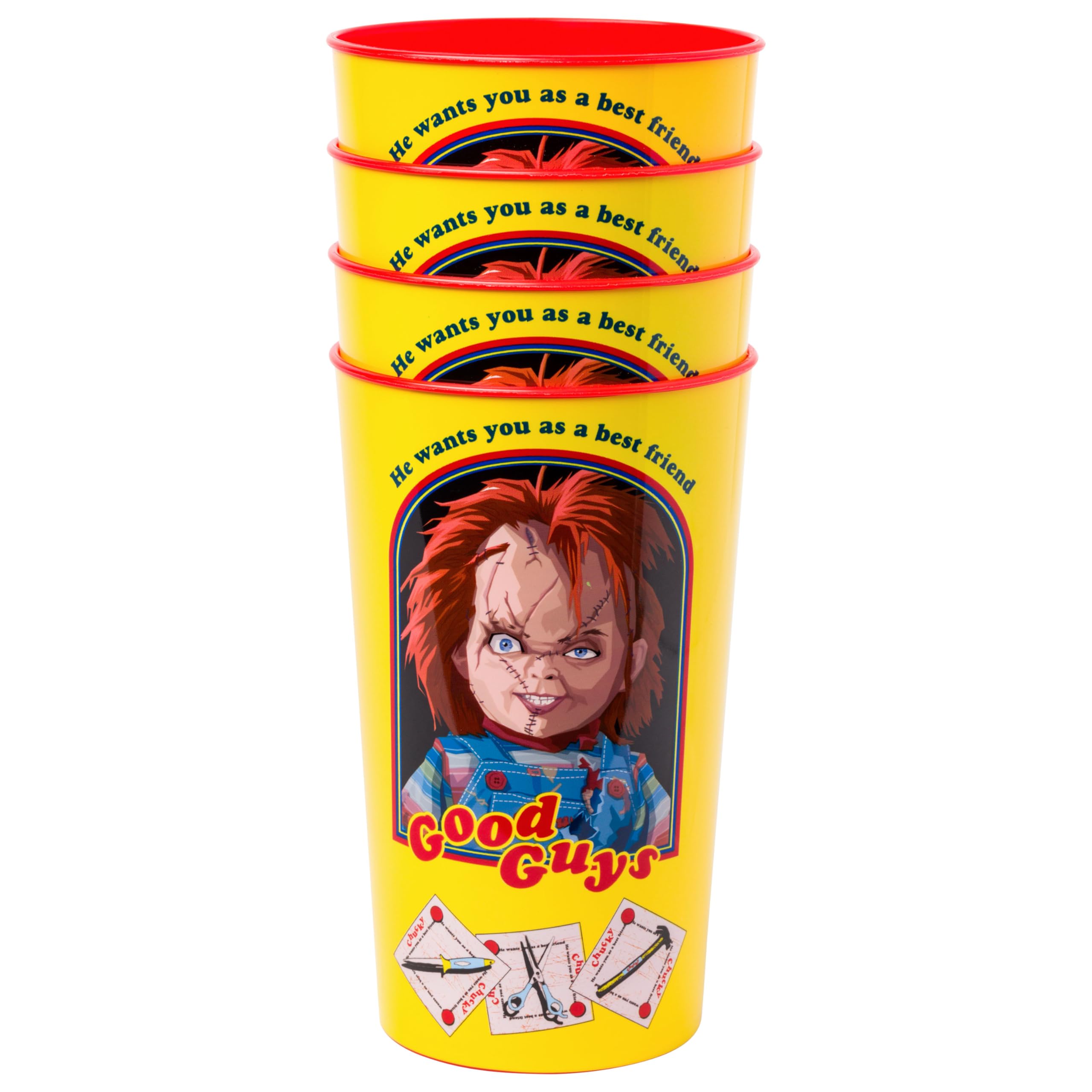 Silver Buffalo Chucky He Wants You As a Best Friend “Good Guys” 4 Pack Plastic Cup Set, 22 Ounces