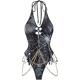 Floerns Women's Gothic Cut Out Lace Up Bodysuit Going Out Halter Neck Rave Body Suits