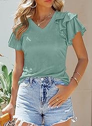 SHEWIN Summer Tops for Women Casual Short Ruffle