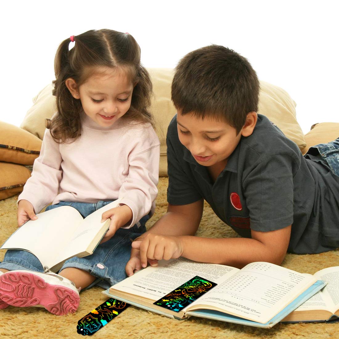 KOMIWOO Scratch Rainbow-Bookmarks, Magic Scratch Paper Art Bookmarks DIY Gift Tags with Satin Ribbons, Wood Stylus, Rope, Storage Bag for Kids Party and Arts & Craft Activity