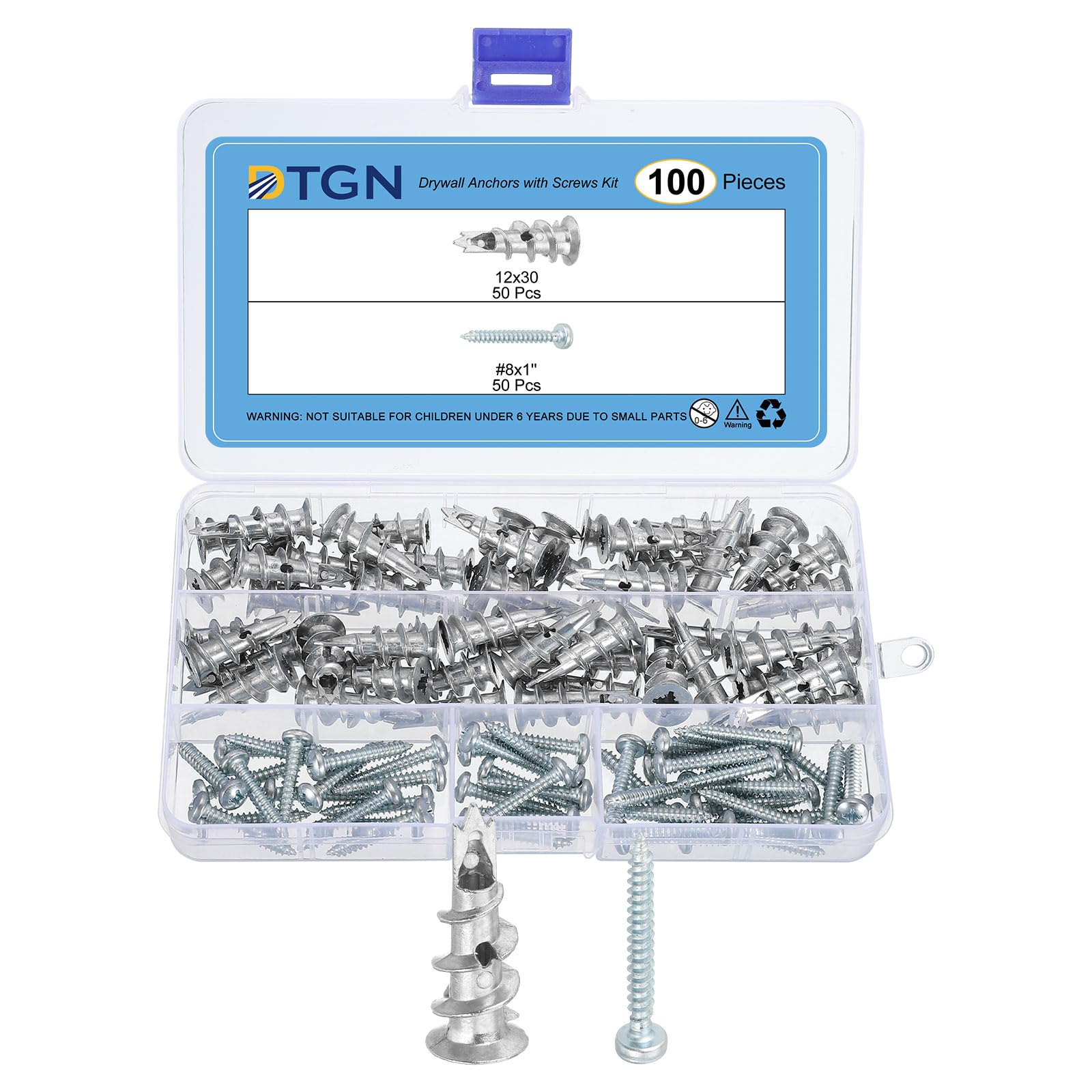 DTGN 12x30mm Self-Drilling Drywall Anchors with Screws Kit - 50 Set - Good for Concrete Tile Cement - Zinc Alloy Hollow Wall Anchors Kit with Screws