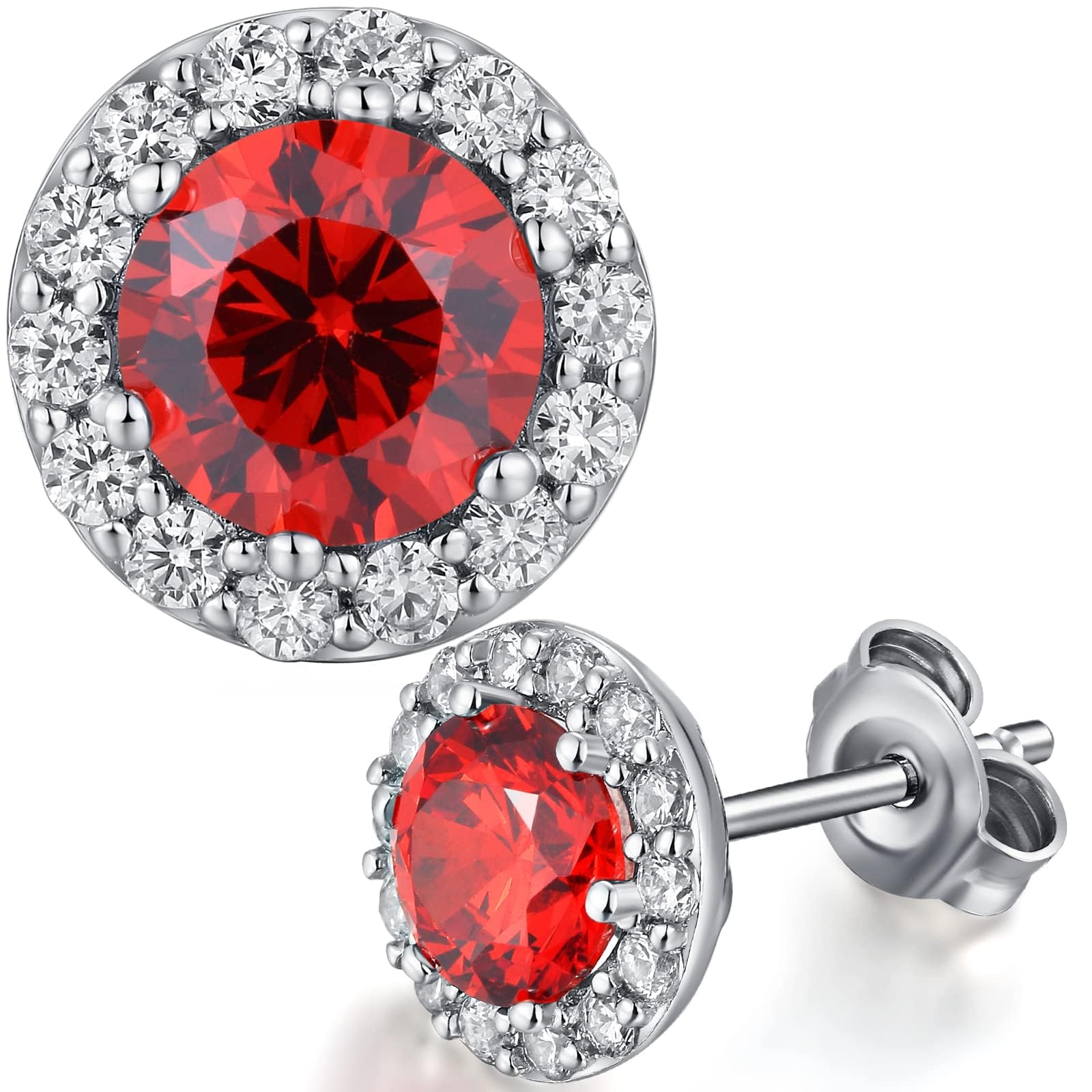 Halo Stud Earrings for Women 925 Sterling Silver Round Cubic Zirconia Diamond Earrings Hypoallergenic Red Crystal CZ Studs Halo Jewellery Gifts for Men