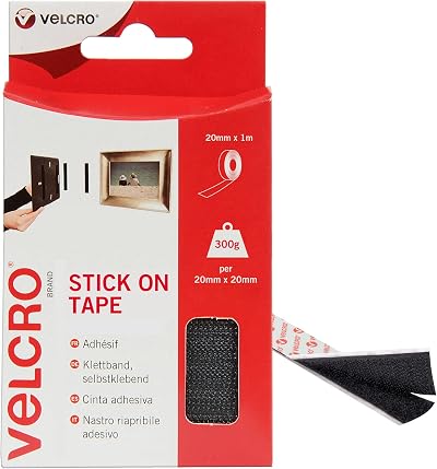 VELCRO Brand Stick On Tape 20mm x 1m Black Cut-To-Length Strong Hook & Loop