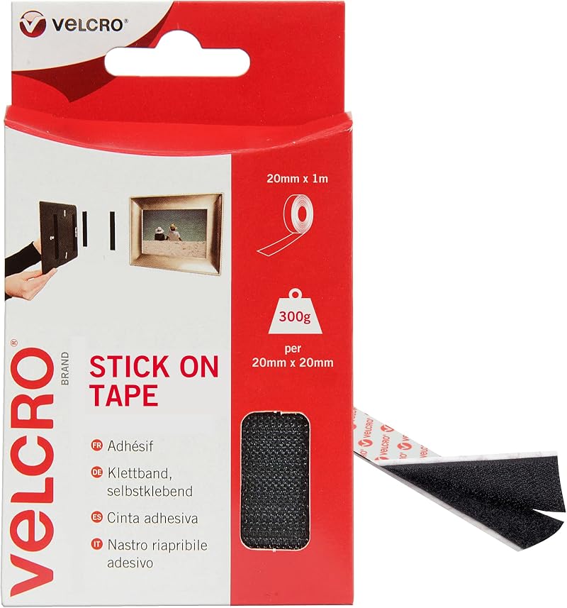 VELCRO Brand Stick On Tape 20mm x 1m Black Cut-To-Length Strong Hook & Loop