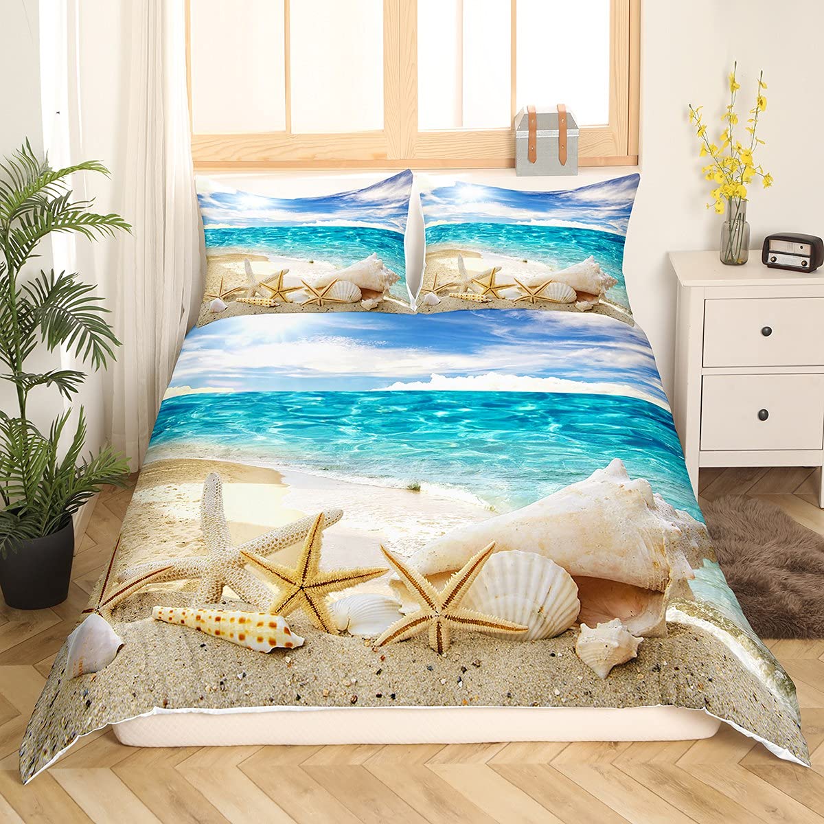 Loussiesd Ocean Duvet Cover Starfish Comforter Cover Summer Beach Seashell Bedding Set For Kids Adults Hawaiian Vacation Bedding & Linen Ultra Soft Tropical Nature Sea King Size Bedclothes — image 1
