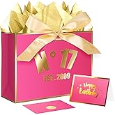 XiaosRen 17th Hot Pink Birthday Gift Bag with Card, Tissue Paper and Ribbon for Women Girls Birthday Party Favor, Presents Wrapping (12.6" EST 2009)