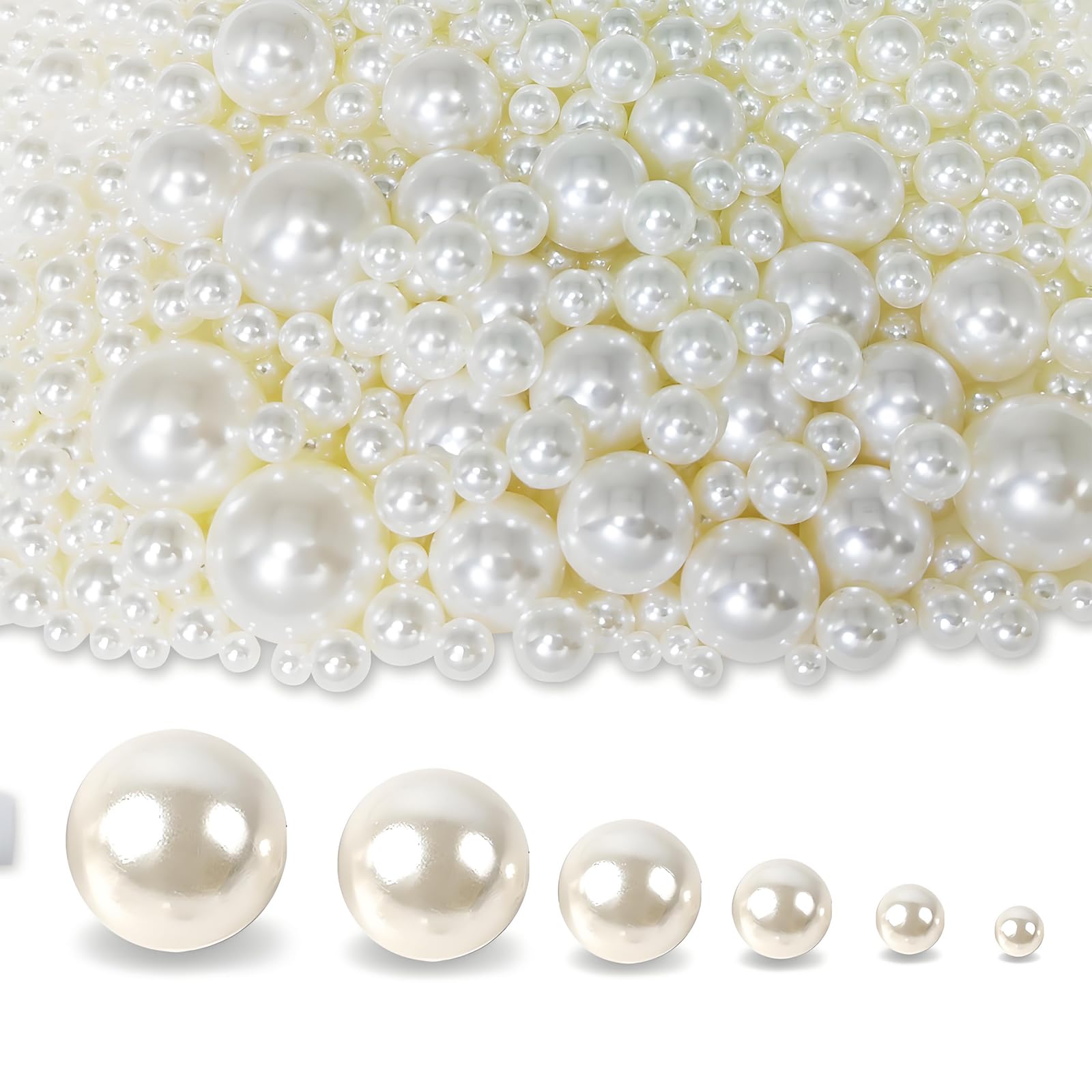 Photo 1 of 1925PCS Pearls for Vase Filler, 6 Sizes Unperforated Pearls Artificial Plastic Pearl Crafts Scattered on The Table, Wedding Birthday Party Decorations(2/4/6/8/14/18mm)