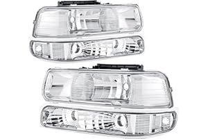 APSVE Headlights Assembly Compatible with 99-02 Chevy Silverado / 00-06 Tahoe Suburban Headlights Headlamp with Bumper Lights, Chrome Housing Clear