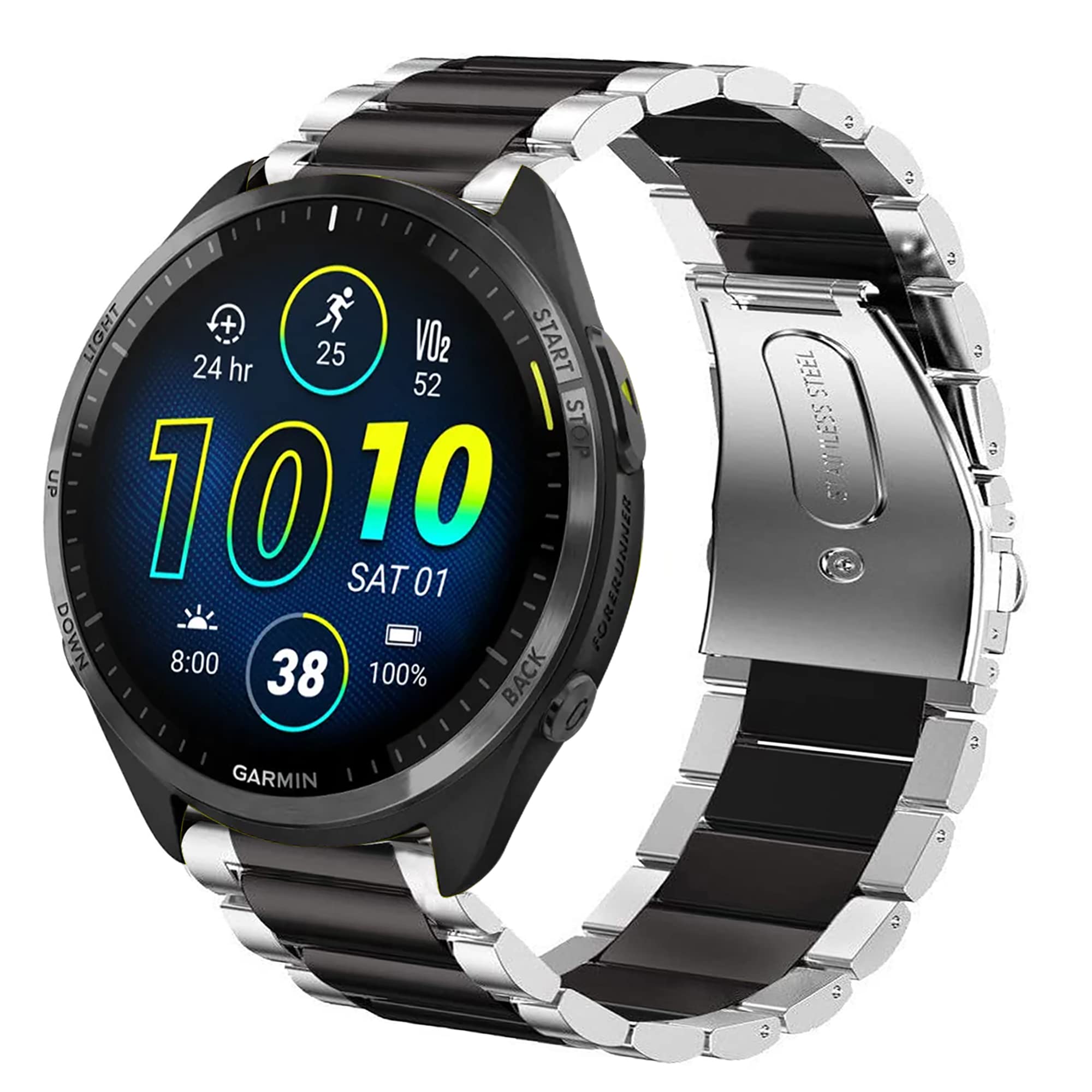Compatible with Garmin Forerunner 965 Smart watch Bands, Stainless Steel Metal Replacement Strap Bracelet Compatible with Garmin Forerunner 965 / Forerunner 265 46 MM Smartwatch (Silver-Black) — image 1