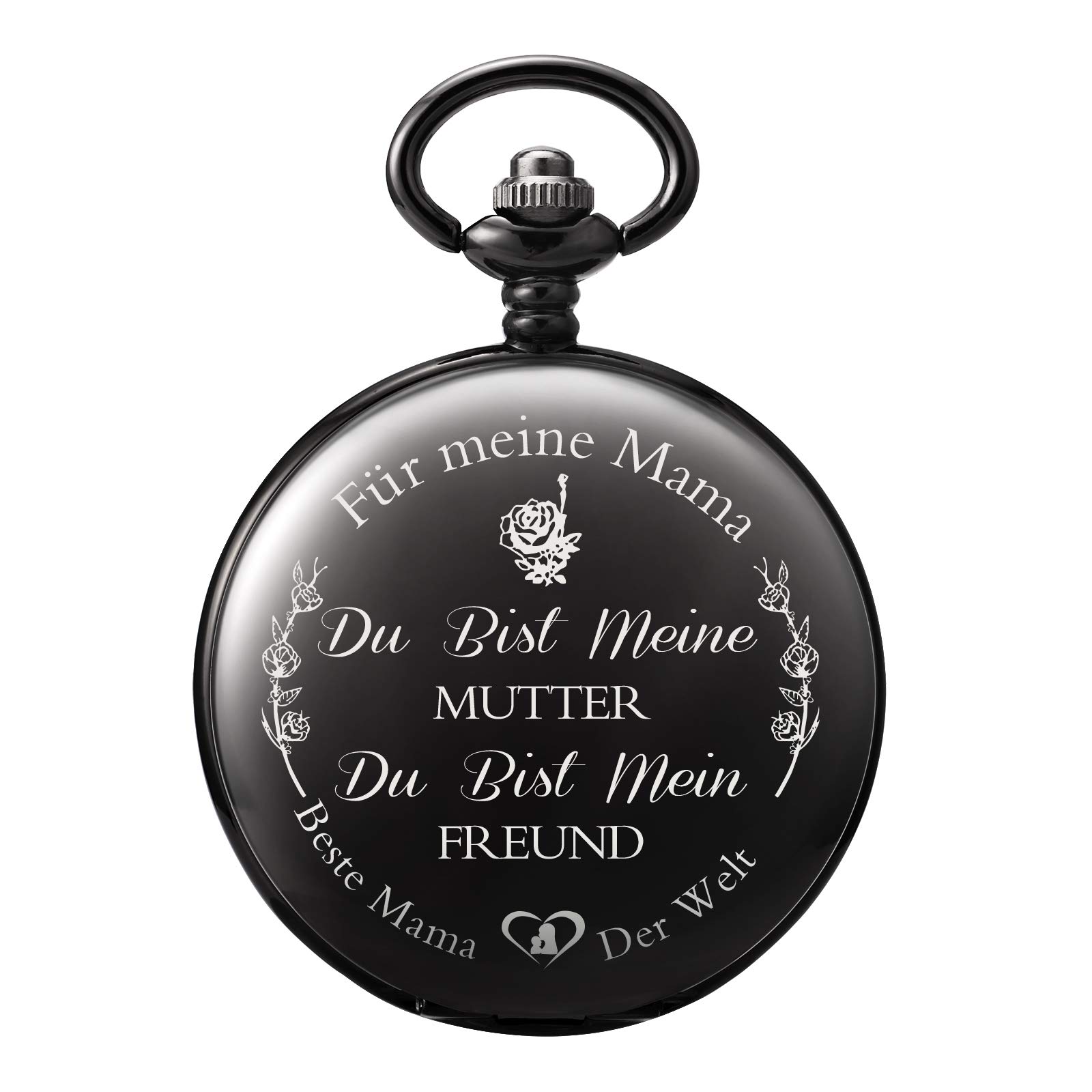 TREEWETO Pocket Watch with Engraving Chain Women's Black Gift for Birthday Mother's Day Mother