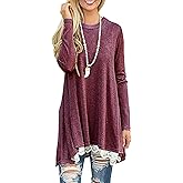 Andaa Women's Crew Neck Long Sleeve Lace Splicing Swing Shirt Dresses Long Tunic Blouses Shirts for Leggings