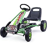 Costzon Go Kart for Kids, 4 Wheel Off-Road Pedal Go Cart w/Adjustable Seat, Steering Wheel, 2 Safety Brakes, EVA Rubber Tires, Ride-On Toys for Boys & Girls, Outdoor Racer Ride On Pedal Car (Green)