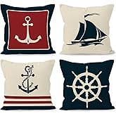 Liosei Navy Blue Nautical Coastal Ocean Boat Anchor Throw Pillow Covers, Ship Sailboat Gifts for Sea Lovers Men, Boat Pillow Cases 18 x 18 Inch Home Beach Ship Sofa Decor Set of 4