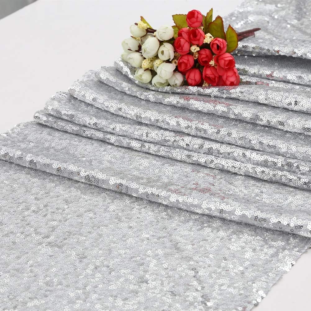 Juya Delight 12" x 120" Silvery Sequin Table Runner for Party Dinner Banquet Festival Wedding Anniversary Exhibition Dessert Table