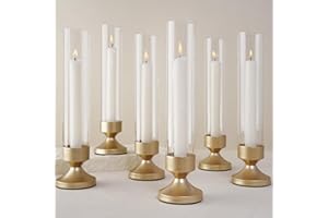 ASHELYULLA Hurricane Glass Candle Holders, Set of 6 Metal Taper Candlesrick Holders for Centerpieces Tall Gold Candle Stands Bulk with Glass Cylinder for Wedding Birthday Party Table Decor
