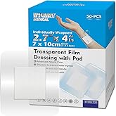 HTLARY Waterproof Transparent Film Dressing with Absorbent Pad 50-Pack Sterile Adhesive Bandages Post-Surgical Wound Cover, Protective Barrier for Sensitive Skin (2.7‘’x4‘’)