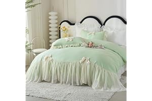 IHOUSTRIY Duvet Cover Queen Size, Ruffle Beddding Set with Bowtie, 3 Pieces Comforter Cover Set with Zipper Closure, Girl Princess Bedding with Pillowcase - Light Green, Queen
