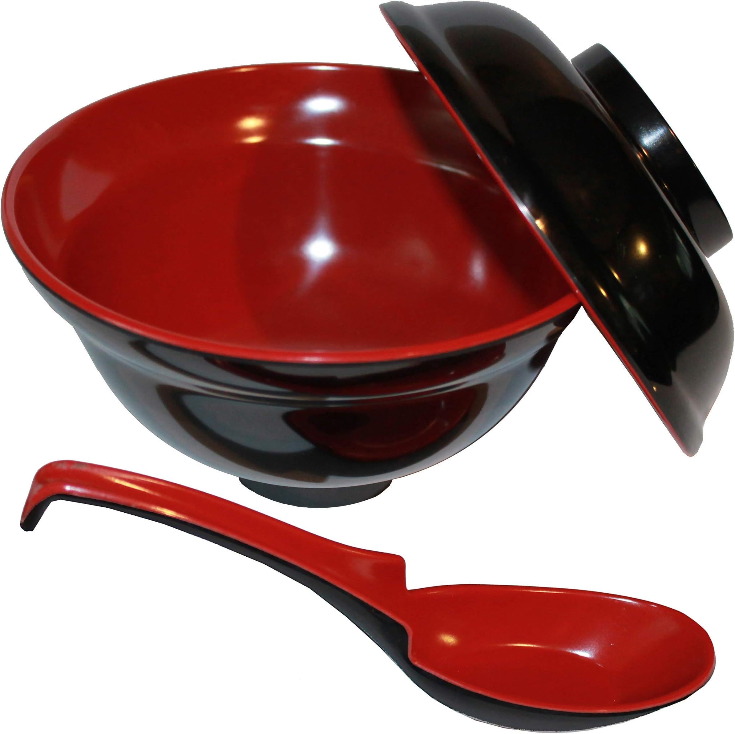Set of 2 Japanese Rice / Soup Bowls W/lids and Spoon Set - Traditional Black & Red Color, 16 Ounce - Made of Durable Melamine, Dishwasher Safe, Restaurant Quality - Bundled with 1 Refridgerator / Freezer Thermometer