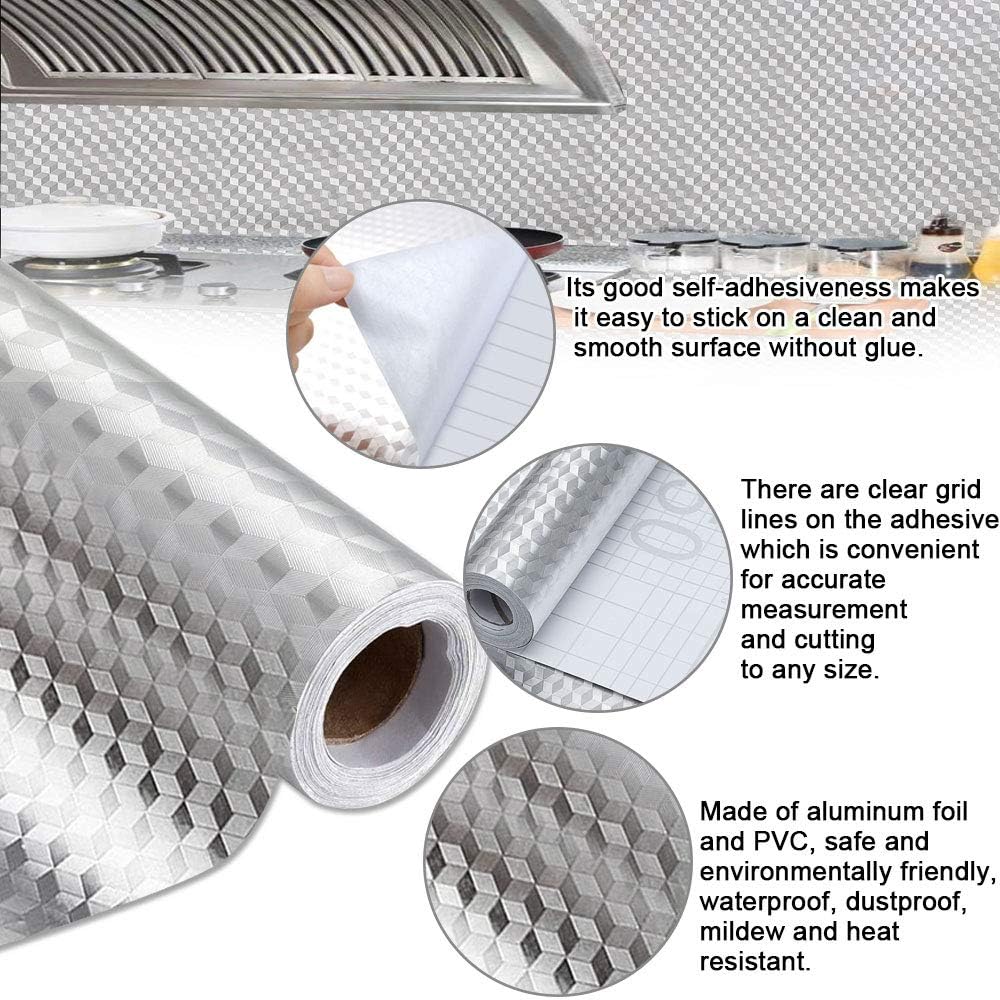 2 Roll Kitchen Oil Proof Stickers 40X200CM Silver Wallpaper Self Adhesive Wallpaper Waterproof Oil Proof Vinyl Wrap Peel and Stick Aluminum foil Contact Paper for Countertop Cupboard Backsplash - Image 5