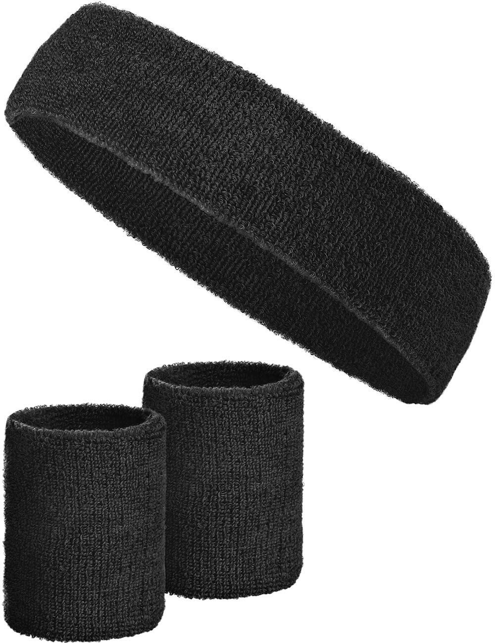 3-piece sweatband set with 2x sweatbands for wrists + 1x headband for men & women (black)