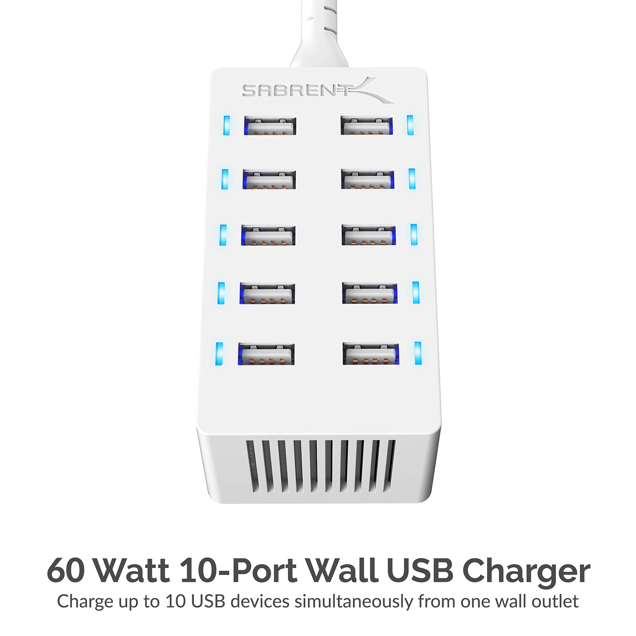 SABRENT 60 Watt (12 Amp) 10 Port [UL Certified] Family Sized Desktop USB Rapid Charger. Smart USB Charger with Auto Detect Technology [White] (AX-TPCS-W)